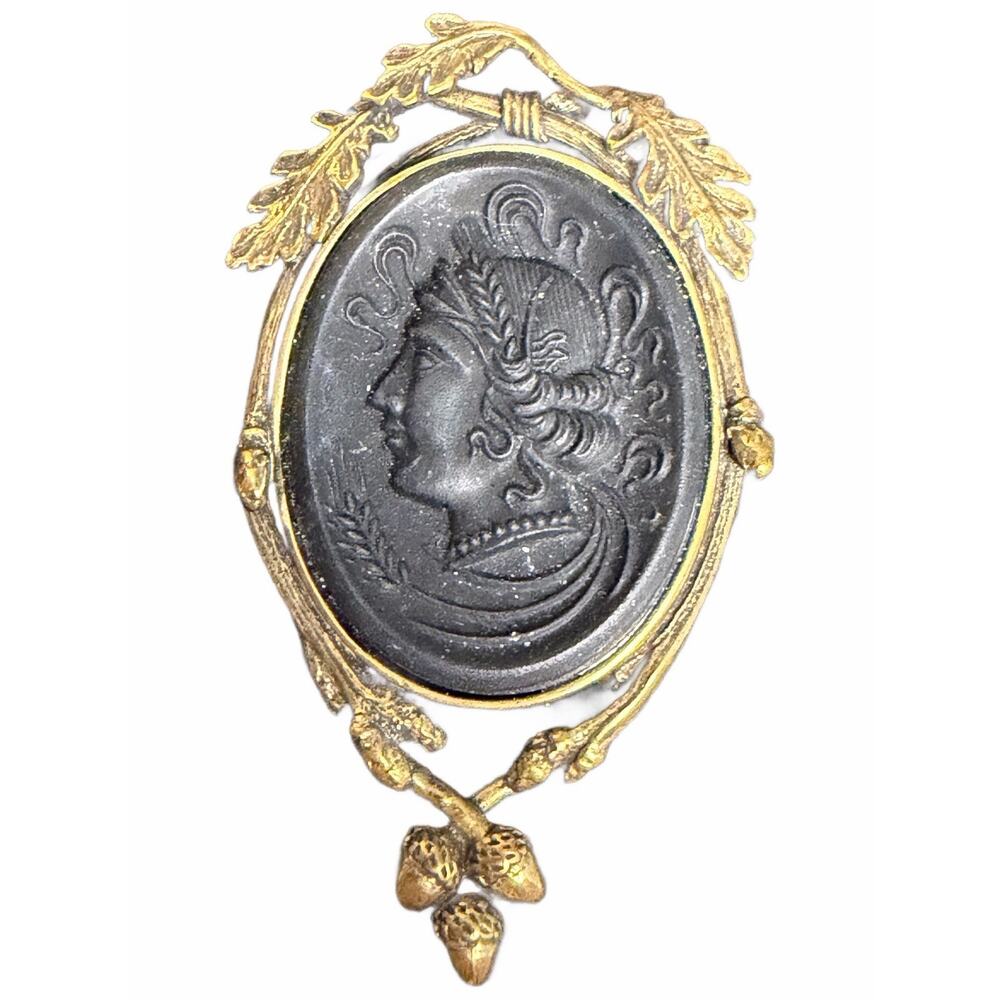 Demeter Cameo Pin By Extasia Matte Jet Hand Pressed Glass Cameo Brooch